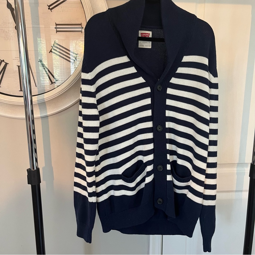 NWT Levis Strauss Mens Cardigan XL Blue White Cotton Knit Shawl Collar Sweater
